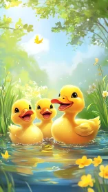 Playful ducklings in luminous spring pond illustration.