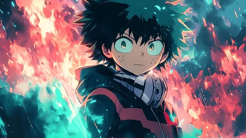 Bi-chromatic energy flare framing focused anime protagonist.