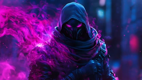 Hooded neon rogue wrapped in swirling purple energy.