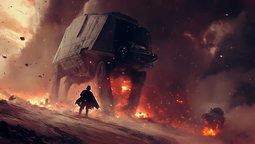 Armored quadruped walker advances through high-intensity inferno battlefield