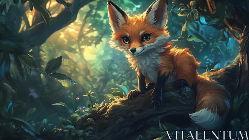 Young fox sits on mossy branch in softly lit forest