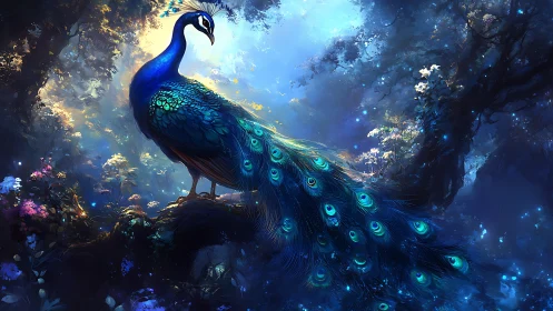 Peacock is depicted on a branch in dense stylized forest lighting