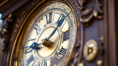 Ornate brass clock face with roman numerals in close view.
