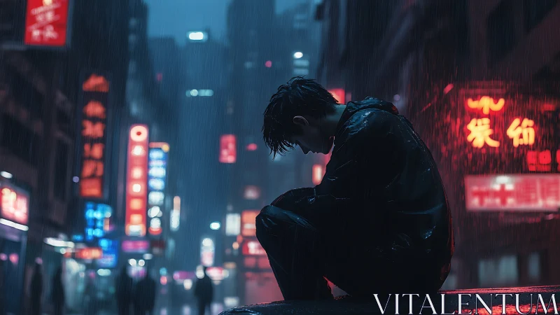 Silhouetted person sits in heavy rain on neon city street