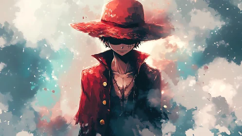 Storm-lit wanderer in crimson coat and shadowed hat.