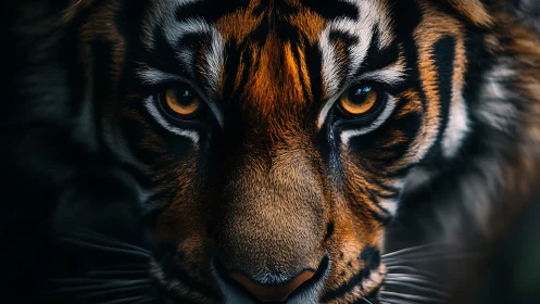 Hypnotic tiger gaze captured in intense close-up portrait.