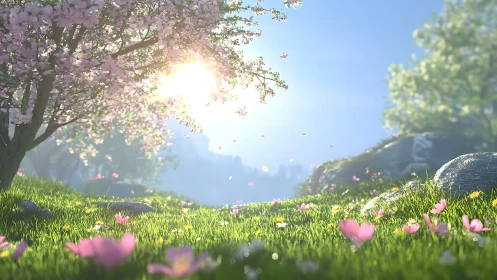 Sunlit spring meadow with cherry blossom tree and petals