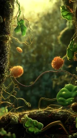 Macro bioluminescent forest with stylized cellular plant structures