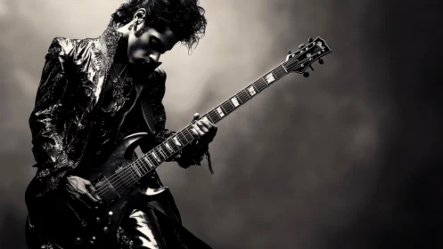 Photorealistic monochrome rock guitarist in dramatic studio lighting.