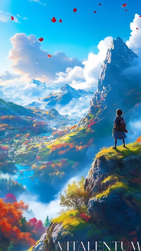 Lone traveler overlooking vast autumn fantasy valley.