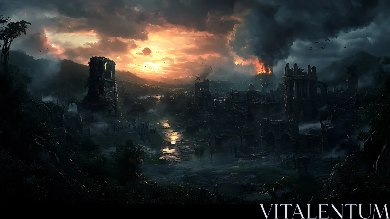 Ruined cityscape under burning sunset and erupting volcano