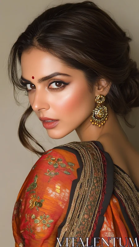 Elegant profile portrait in embroidered saffron sari attire.