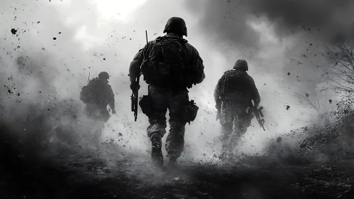 Storm-torn silhouettes march through a shrapnel-streaked dusk