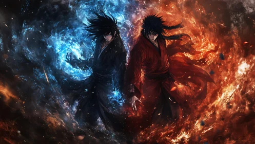 Twin elemental warriors standing between blazing fire and ice.
