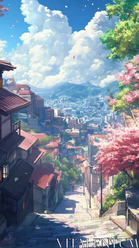 Sunlit hillside street drifting into a cloud-bright cityscape.