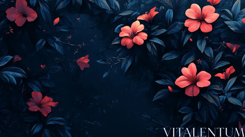 Coral flowers with blue foliage arranged on dark background