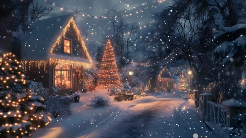Cozy snowlit village street glowing with gentle holiday lights.