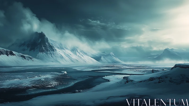 Snow-covered mountain range and frozen coastal plain panorama.