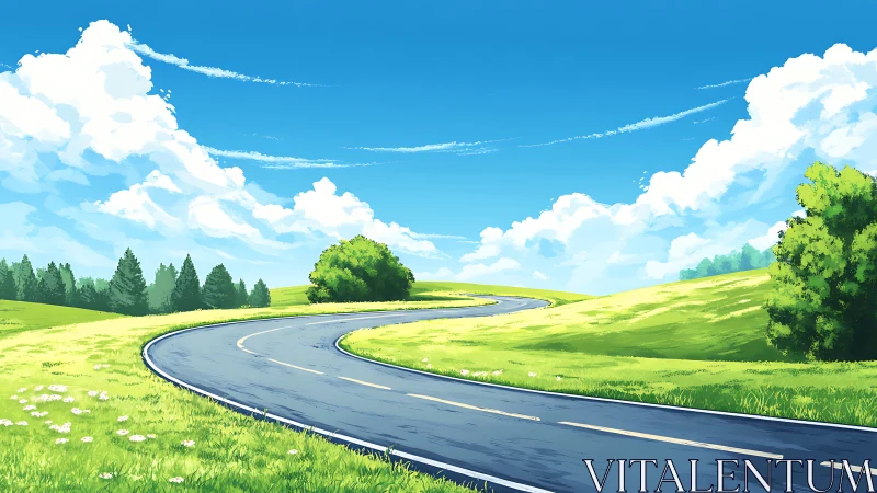 Curving asphalt roadway through stylized luminous summer hills.
