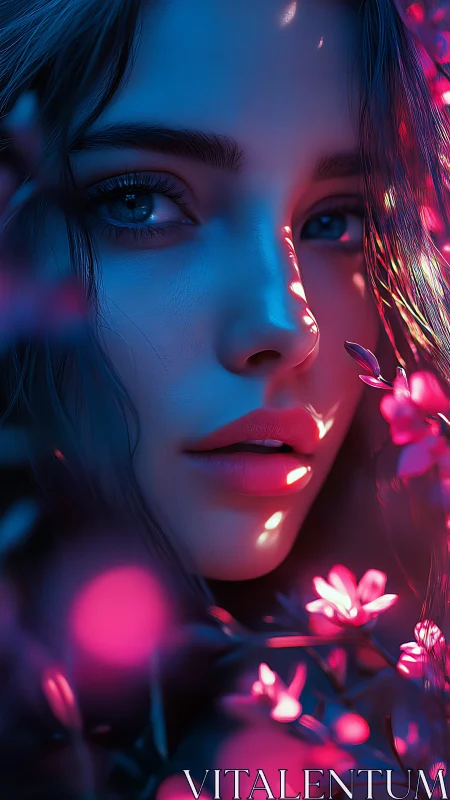 Neon-lit female portrait contrasts cyan skin with magenta bokeh
