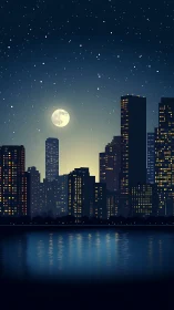 Moonlit city skyline with illuminated towers and water reflection