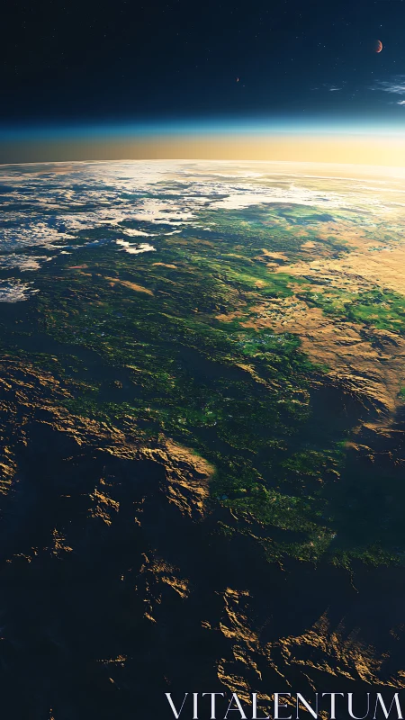 Planetary horizon with sunlit terrain and thin atmosphere.