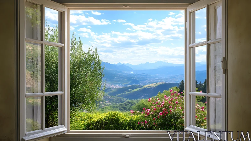 Open casement window framing layered mountain valley panorama