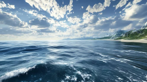 Coastal hydrodynamics under cumulus sky with mountainous shoreline.