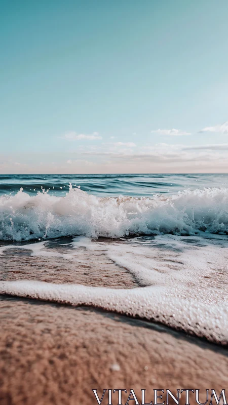 Foamy shoreline wave under soft pastel coastal sky.