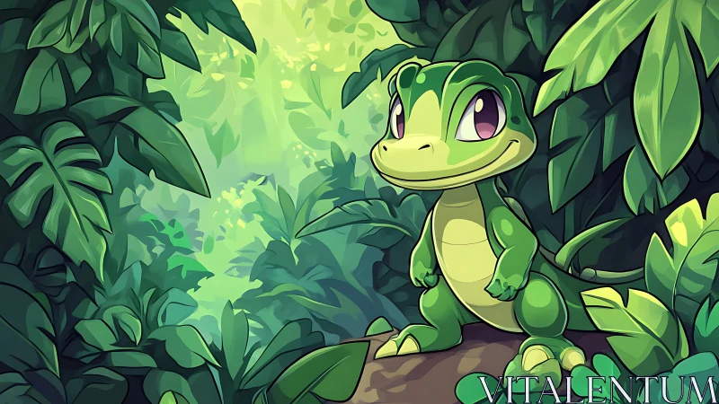 Cute green gecko character in lush stylized jungle light.