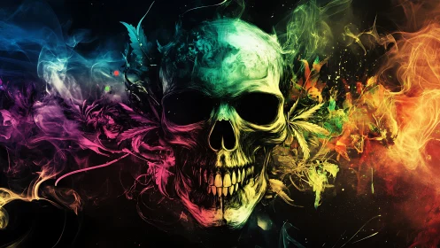 Vivid multicolor skull with swirling smoke and foliage art.