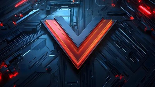 Futuristic Red V Emblem on Dark Tech Circuit Background, Digital Art.