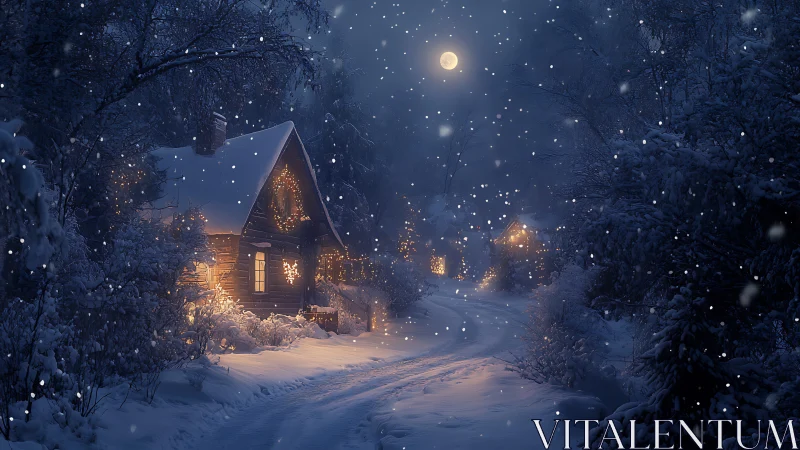 Moonlit snowy cabin lane with warm festive window lights.
