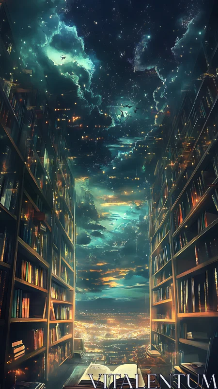 Starlit Library Gateway Where City Lights Meet Constellations.