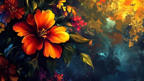 Digital floral composition with vivid orange hibiscus bloom.
