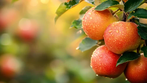 Water droplets cover ripe apples clustered on a tree branch