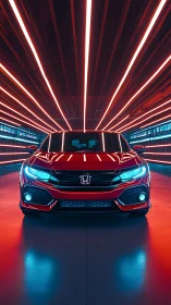 Red hatchback framed by neon tunnel lines in frontal symmetry
