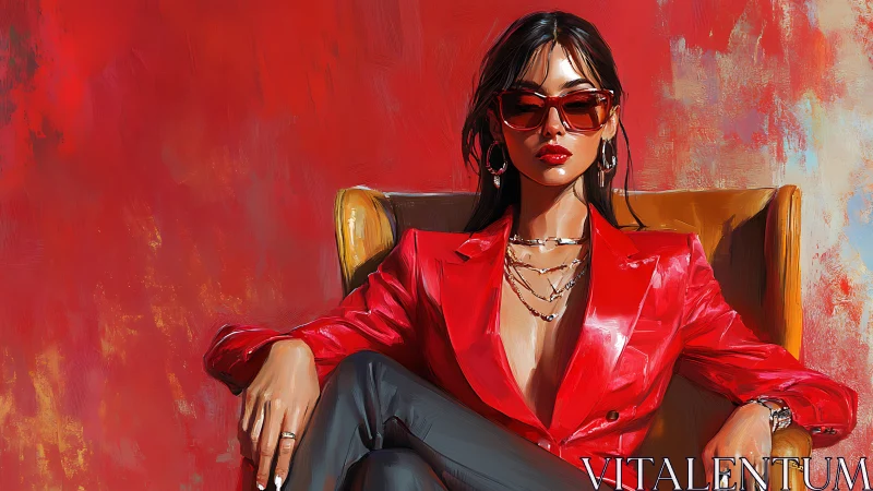 Stylized woman in red blazer on chair against textured red wall.