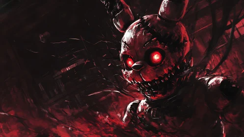 Demonic stitched rabbit animatronic under bloodred lighting