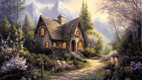 Sunlit Storybook Cottage Nestled in Blooming Mountain Glen.