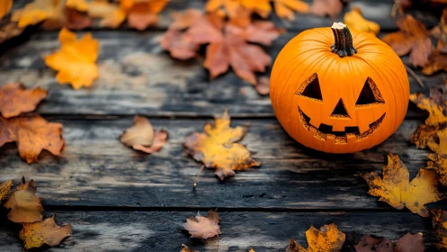 Jack o&rsquo; lantern grins across weathered boards and autumn leaves.