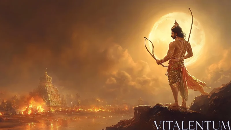 Warrior with bow observing burning riverside city at night.