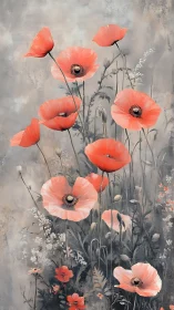 Coral Poppies Against Textured Gray Backdrop Rendered in Contemporary Botanical Study