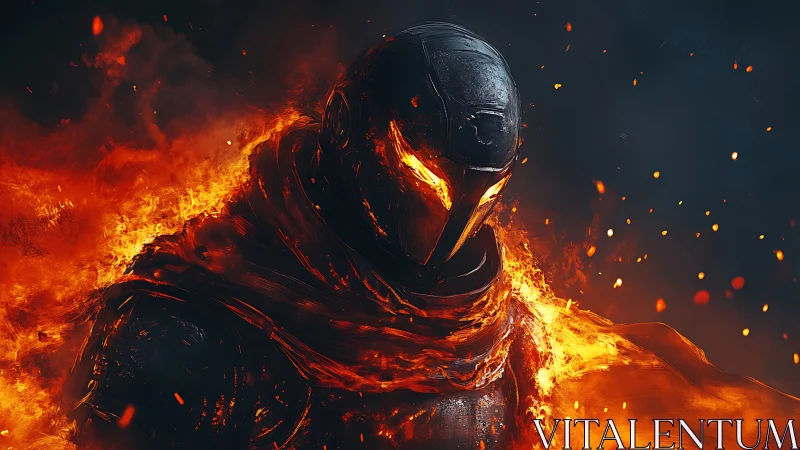 Armored fire warrior with burning cloak in dark flames.