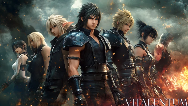 Linearly arrayed fantasy warriors in armor under volumetric smoke