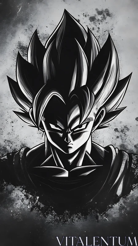 High-contrast anime portrait with ink-splatter monochrome rendering.