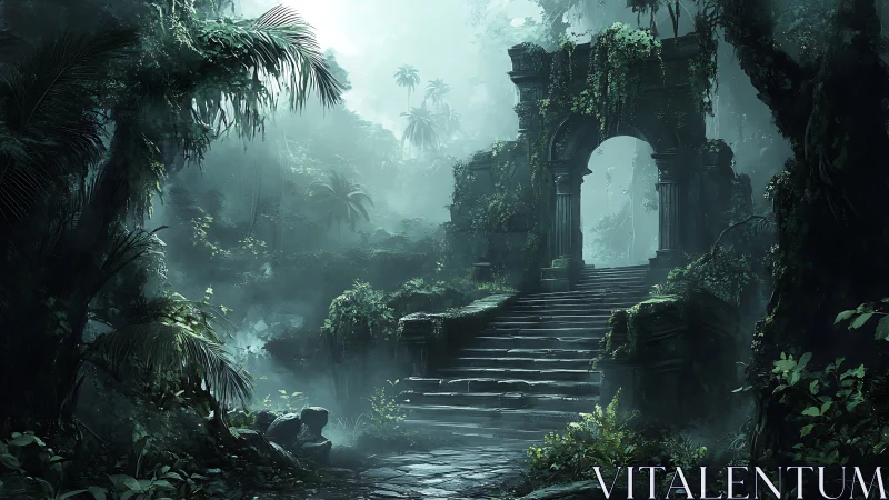 Ancient jungle ruin archway above misted stone steps.
