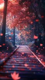 Forest path under red autumn trees with falling leaves.