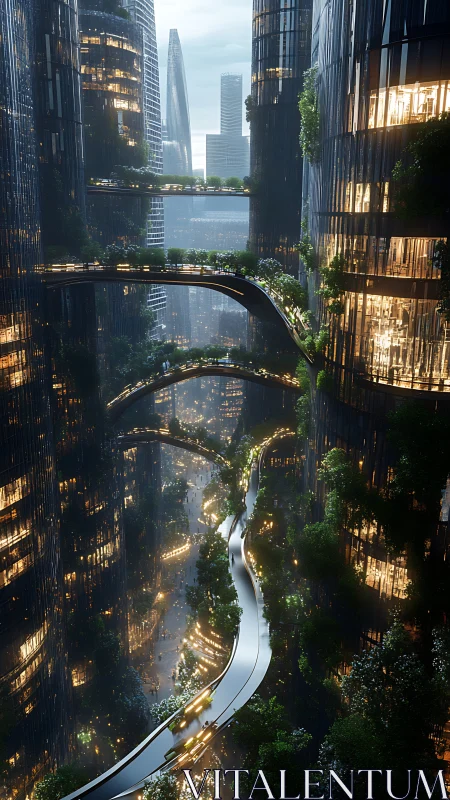 Skybridges and neon gardens weave through twilight towers.