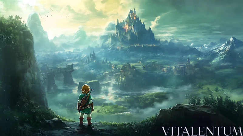 Heroic surveyor observing mist-laden fantasy citadel panorama.